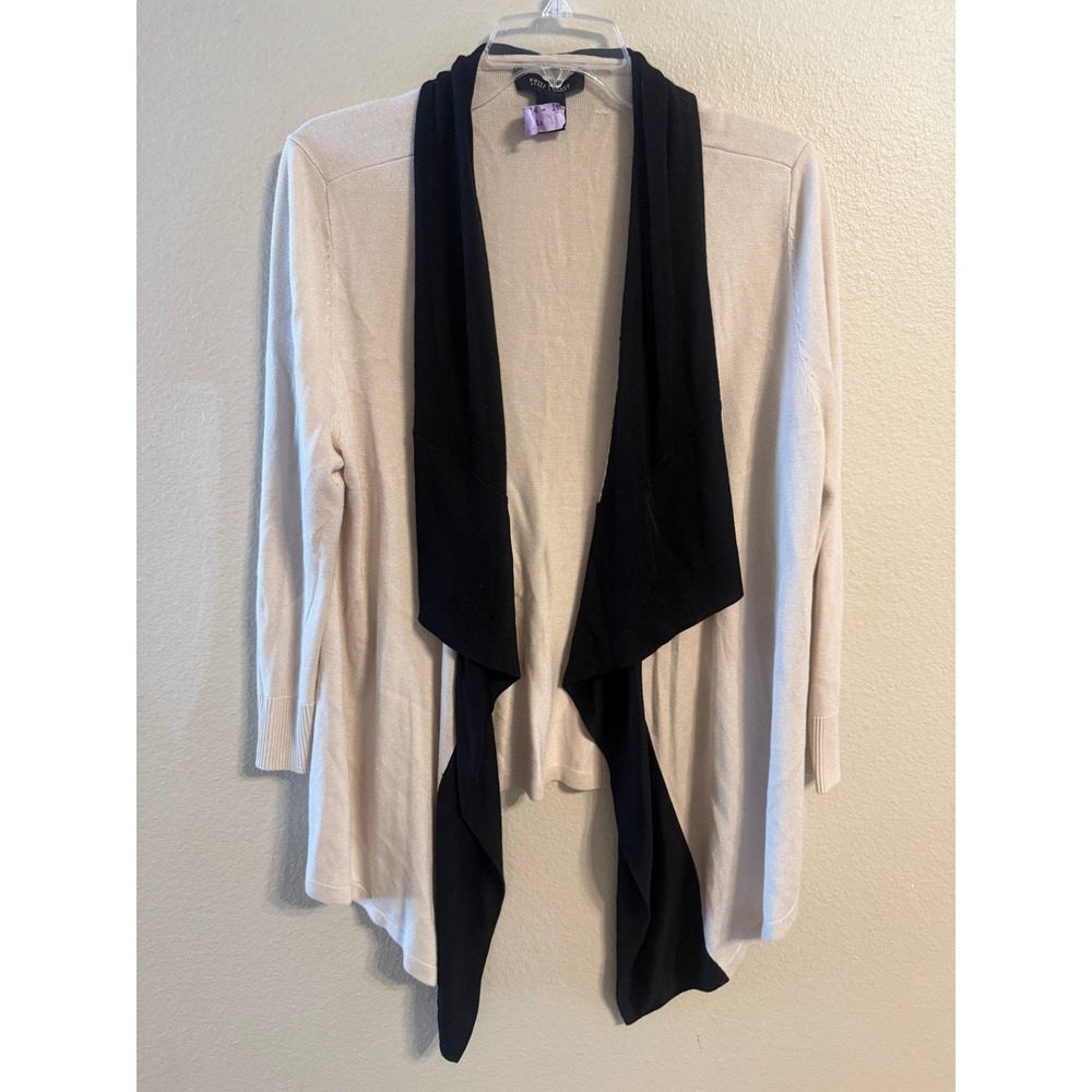 WHITE HOUSE BLACK MARKET Beige Black Waterfall Cardigan Sweater Womens Size L